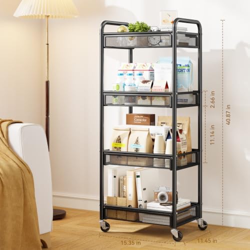 YASONIC 4 Tier Rolling Cart – Rolling Storage Cart with Wheels | Multi-Functional Utility Cart Storage Cart for Living Room, Kitchen, Office, Bathroom, Movable Storage Organizer with Wheels