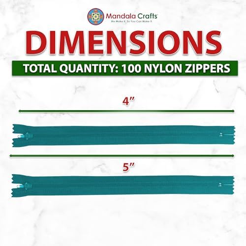 Mandala Crafts 100 PCs Teal Closed-End 4 Inches Nylon Zippers for Sewing
