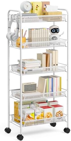 TOOLF 5 Tier Rolling Cart, Metal Utility Storage Cart with Wheels, White | 3 Hooks, Screwless Assembly, Trolley Organizer for Bathroom, Kitchen, Office, Nursery, Dorm, Laundry Room