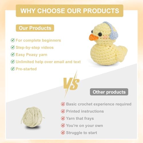 Duck Crochet Kit for Beginners Adults & Kids, Amigurumi Learn to Crochet Starter Kit with 4K Step-by-Step Video Tutorials, Includes Pre-Started Yarn, Crochet Hooks & Accessories - Yellow Duck