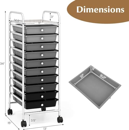 Storage Cart, Rolling Utility Cart with 10 Drawers, Portable Handles & Lockable Wheels, Mobile Paper Toys Storage Organizer Large Capacity for Home Office School Teacher (Gradient Black)