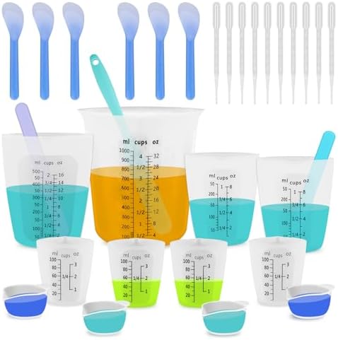 Silicone Resin Mixing 1L Measuring Cup Set for Resin Supplies, Easy-to-Read Marks, 1000ml/32oz Large Cup, 500&250&100ml Thickened Reusable Silicone Cups for Epoxy Mixing, Jewelry Making