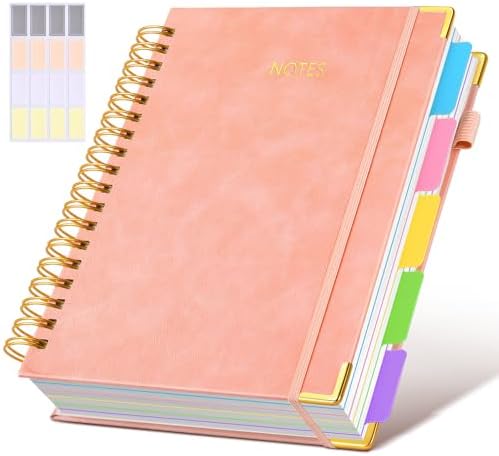 Hardcover Spiral Notebook journal with Removable Dividers Tabs, 300 Pages Leather 5 Subject Notebook College Ruled, 8"x10" Large B5 Notebooks for Work School Note taking, Lined Journal for Women,Pink