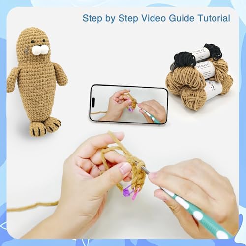 Noocro Amigurumi Crochet Kit for Beginners, Intermediate and Advanced Crocheters, DIY Crochet Plushie Kit with Complete Kit, Detailed Instrucions and Video Tutorial - Fun Craft Gift (Seal)