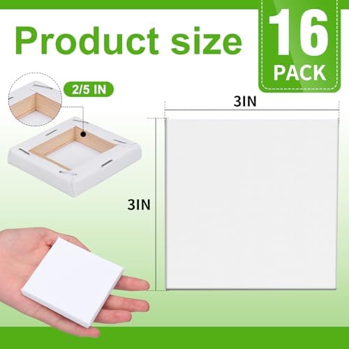 ESRICH Mini Stretched Canvas 16Pack 3x3inch, 2/5Inch Profile Art Primed Canvases for Painting, Cotton Small Professional Stretched Canvas for Kids and Art Supplies.