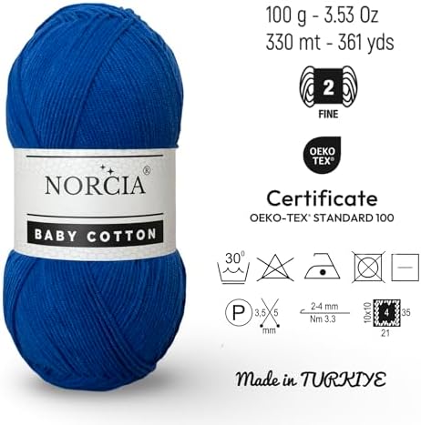 Baby Cotton, 55% Cotton 45% Acrylic Yarn, Fine/Sport (2) for Crochet and Knitting, Soft Amigurumi Yarn, 100 gr (361 yds)