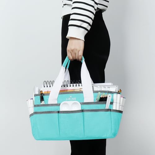 JJRING Craft Organizer Tote Bag Art Storage Caddy Sky Blue | With Multiple Pockets For Sewing, Scrapbooking, School, Medical, And Office Supplies