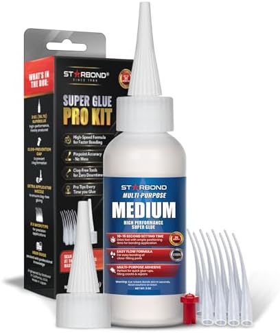 Starbond Medium Super Glue Pro Kit (2 oz) – Strong, Fast, All-Purpose CA Glue (Cyanoacrylate Adhesive) – with Anti-Clog Cap, Precision Tips & Extra Nozzles for Woodworking, Quick Fixes & Hobby Models