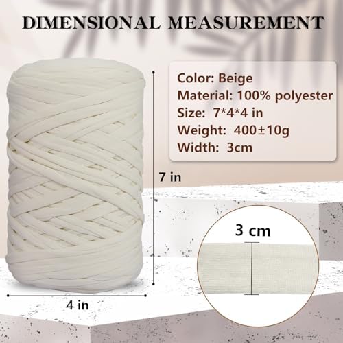 2 PCS 800g T-Shirt Yarn Elastic Fabric Crochet for DIY Knitting, 260 Yards Spaghetti Thick Knitting Yarn for Hand DIY Bag Basket Cushion Crocheting Projects,Home Decor (Beige)