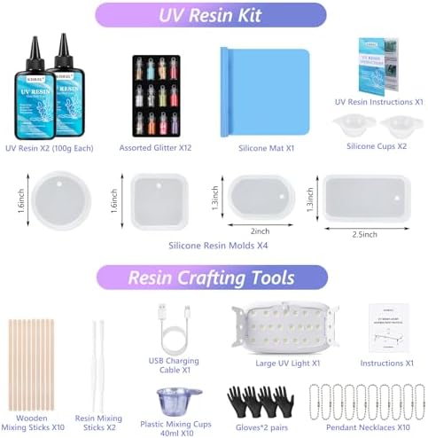 KISREL 200g UV Resin Kit with Light - Big 22 LED Beads Fast Curing Large UV Lamp, Anti-Sticky Crystal Clear Hard Resina Starter Kit for Beginners, Jewelry, Crafts DIY
