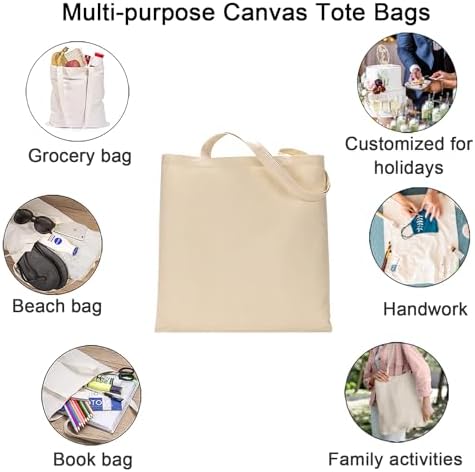 FunisFun 12 Pack Blank Canvas Tote Bags, Reusable Grocery Bag for Crafts