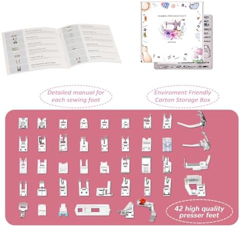 Presser Foot Set 42Pcs, Sewing Machine Presser Feet Kit Accessories with Manual for Brother, Babylock, Singer, Elna, Toyota, New Home, Simplicity, Necchi, Kenmore Low Shank Machines