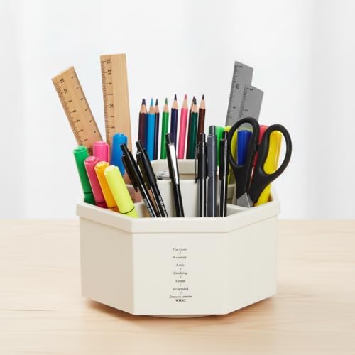 Jekelife 360 Degree Rotating Pen Holder,5-Compartment Desk Organizer,White