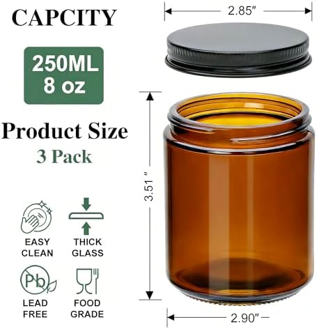 8oz Amber Candle Jars Set of 3,Round Glass Jar with Black Lids