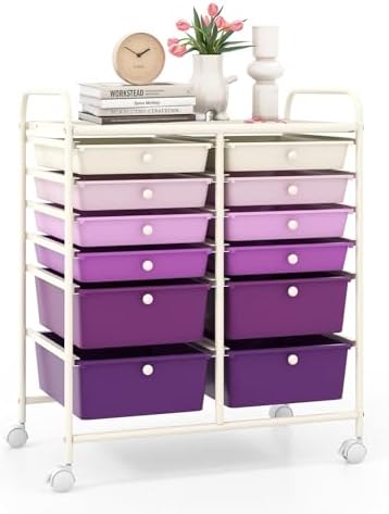 LDAILY 12 Drawer Rolling Storage Cart, Craft Cart Organizer on Wheels with Metal Frame, Large Capacity & Smooth Drawers for Living Room, Classroom, Office (Gradient Purple)