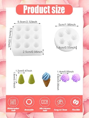 Mini Cream & Cone Silicone Mold, 4 Pieces Non-Stick Food Shape Candle Molds for Chocolate, Resin, Soap | Cute Bread Fondant Molds for Baby Shower Birthday Party DIY Crafts‌ (Cream & Cone)
