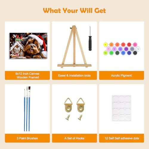 MOGTAA Christmas Paint by Numbers Kit for Adults Beginners with Frame, Christmas Dog Adult Paint by Number Kits on Canvas with Easel, Easy DIY Animal Oil Painting Kits for Home Decor, 8x12in