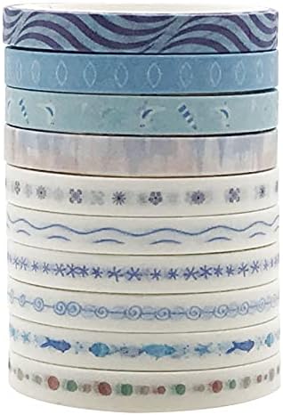 Vintage Pattern 5mm Wide Skinny Washi Tapes Set, 10 Rolls Blue Japanese Masking Decorative Tapes for Bullet Journal Planners DIY Decor Crafts Arts Scrapbooking Adhesive