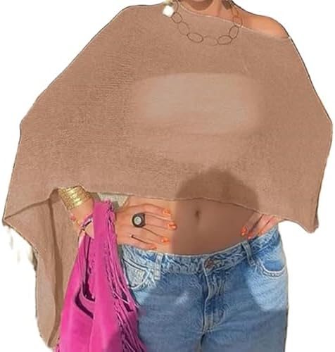 Nicoxijia Women Y2K Sheer Knit Poncho Top Lightweight Summer Beach Knit Shrug Shawl Bolero Off Shoulder Mesh Sweater Cover Up