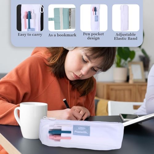 Elastic Pen Holder for Notebook, Zipper Notebook Pencil Pouch Small Pencil Holder Pouch with Adjustable Elastic Band Slim Pencils Bag Journal Pen Holders for Office Home Stationary Supplies(White)