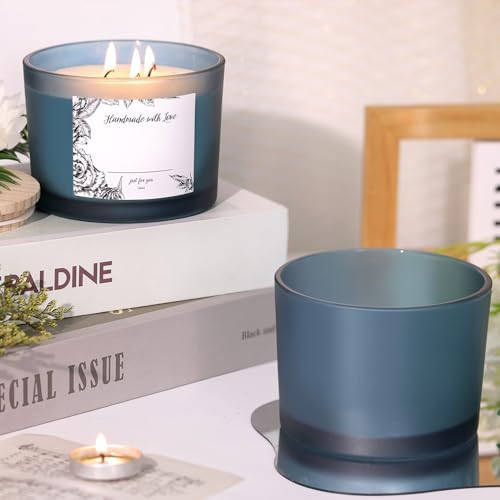 6 Pack Glass Candle Jars with Lids (16oz, Frosted Lake Blue) - Large Candle Jars for 3 Wick Candles Making - Empty Candle Jars Containers - Candle Making Accessories include 16Pcs Candle Labels
