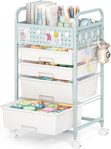SYKIARIOL Drawer Rolling Storage Cart with Pegboard Top and Hooks, Green, 4-Drawers