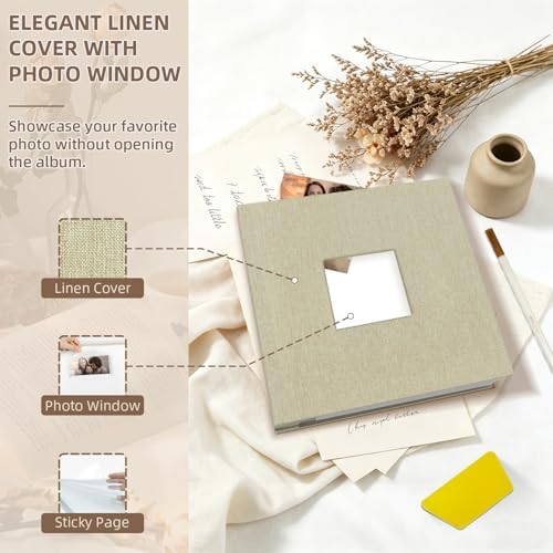 Popotop Photo Album Self Adhesive with Picture Display Window,60 Pages DIY Scrapbooking Supplies Kit for 4x6 8x10 Picture,Linen Cover Memory Book for Baby Wedding, with Scraper and Metallic Pen