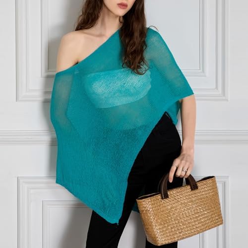 Women Sheer Knit Poncho Top Beach Cover Up Lightweight Crochet Shrug Y2k Summer See Through Shawl