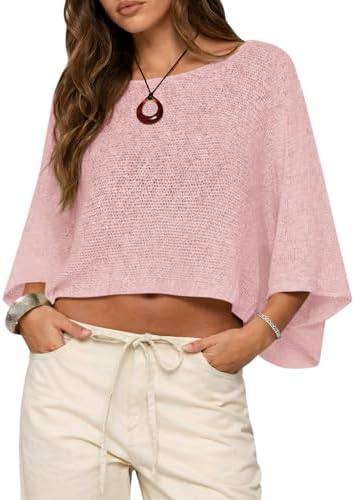 Saodimallsu Womens Crochet Cover Ups Batwing Sleeve Sweater Crop Tops Lightweight Summer Boho Knit Sheer Poncho Top