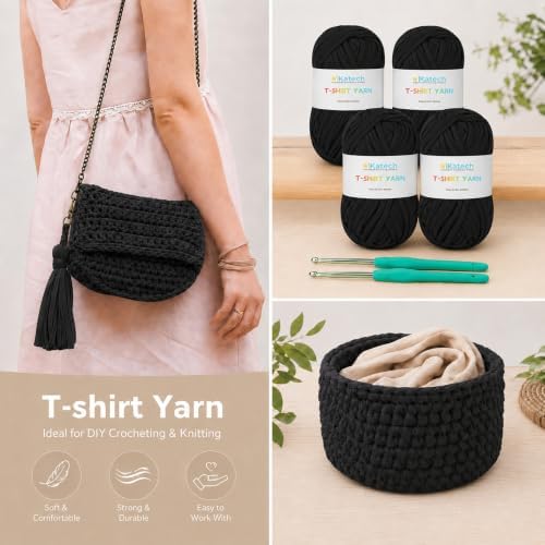 Katech 400g T Shirt Yarn for Crocheting, Elastic Fabric Yarn for Bag-Black