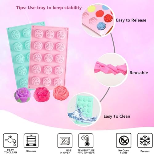 2 Pack Silicone Soap Molds,15-Cavities Small Rose Flower Silicone Molds for Soap Making,Great for Handmade Lotion Bars,Biscuit,Chocolate,Moon Cake
