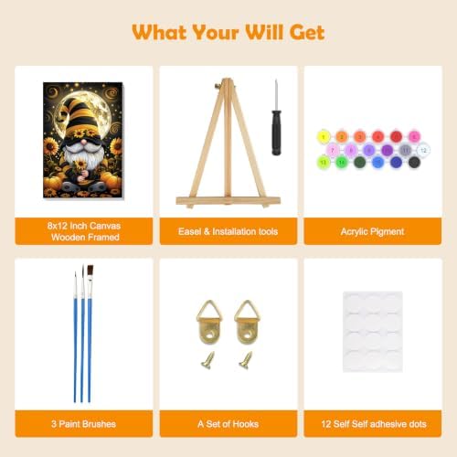 MOGTAA Halloween Paint by Numbers Kit for Adults Beginners with Frame, Gnome Adult Paint by Number Kits on Canvas with Easel, Easy DIY Sunflowers Oil Painting Kits for Home Decor, 8x12in