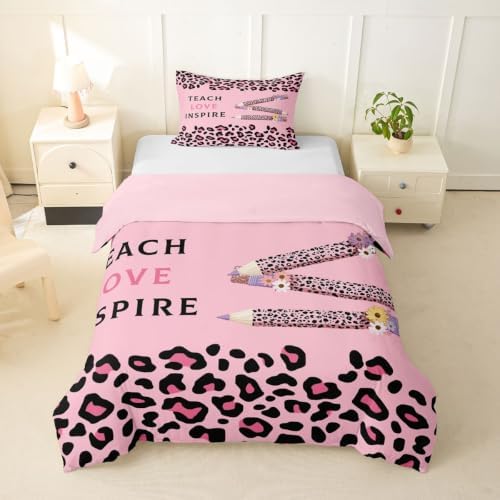 Erosebridal Pink Leopard Duvet Cover Toddler Size Floral Leopard Pencil Bedding Set for Kids Boys Girls Pink Educator Artwork Comforter Cover Boho Aesthetic Bedclothes Room Decor