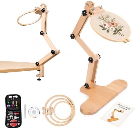 Adjustable Embroidery Table Stand,Wooden Embroidery Hoop Stand,Includes 3pcs Different Size Embroidery Hoops,1 Embroidery Tool Kit,Placed on the Desktop or Clamped onto the Desktop