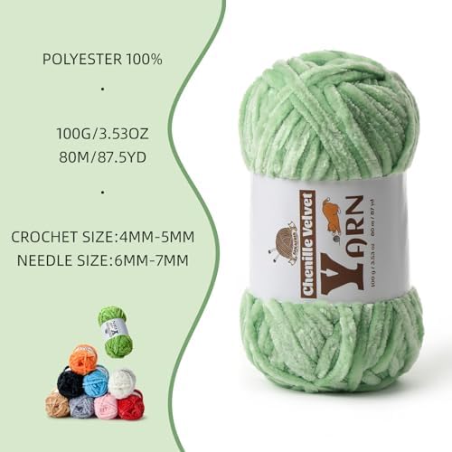 Chenille Crochet Light Green Yarn 4 Pack