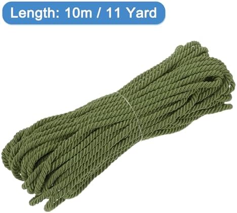 MECCANIXITY Twisted Cord Trim, 11 Yard 5mm 3-Ply Twine Braided Rope Shiny Thread String for Craft Gift Bag Curtain Christmas Decor, Olive Green - 10m