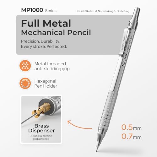 Nicpro 2 PCS Metal Mechanical Pencil 0.5mm & 0.7 mm with Case