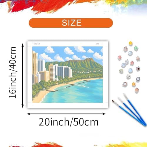 ARNLRDYA Hawaii Honolulu View Paint by Number Kits, Coastal Beach Scenery Paint by Numbers for Adults, City Travel Landscape Canvas Set Acrylic Painting for Gift Home Decor(16×20inch, Unframe)