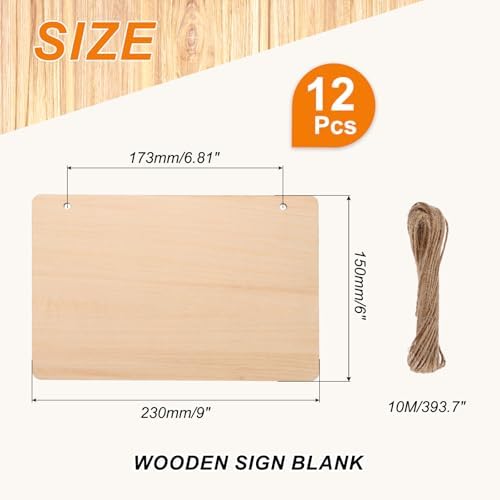 MECCANIXITY Unfinished Hanging Wood Sign Blank with Ropes 9"x6" Unfinished Wood Crafts Boards Wooden Plaques for Crafts DIY Painting Burning Carving Door Wall Decoration, Style 6, Pack of 12
