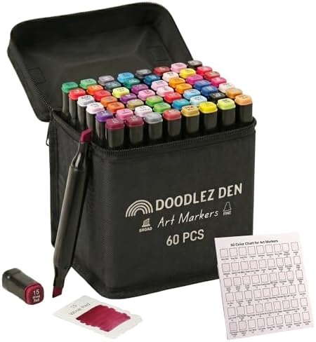 Alcohol Markers Set 60 Colors, Dual Tip Art Markers, Alcohol Based Markers for Adult Coloring Books, Artist Supplies, Chisel & Fine Tip with Black holder, Color Checking Card (60 Colors)