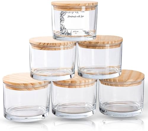 6 Pack Glass Candle Jars with Lids (16oz, Clear) - Large Candle Jars for 3 Wick Candles Making - Empty Candle Jars Containers - Candle Making Supplies Accessories include 16Pcs Candle Labels