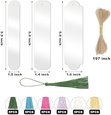 61PCS Acrylic Bookmarks Blanks Bulk 3 Symmetrical Shapes Clear Bookmark Plastic Blank 30 Sets with 6 Color Tassels & Twine String for Vinyl DIY Craft