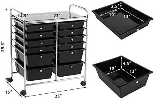 LDAILY 12 Drawer Rolling Storage Cart, Craft Cart Organizer on Wheels w/Metal Frame, Large Capacity & Smooth Drawer, Rolling Cart w/Drawers for Classroom, Office