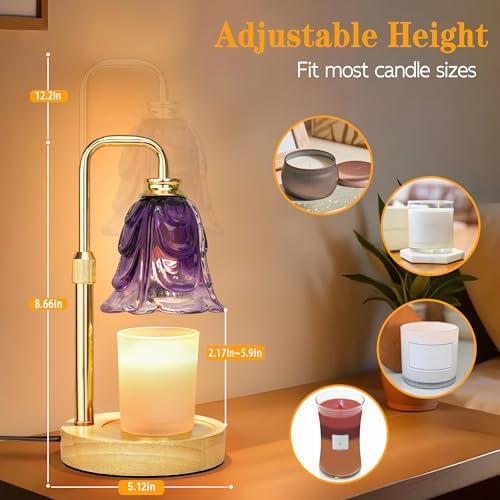 XJZJY Purple Flower Candle Warmer Lamp with Timer, Elegant Gifts for Women | Dimmable wax melt warmer with 2 bulbs for jar candles, height adjustable, Purple tulip design, home decor, housewarming gifts