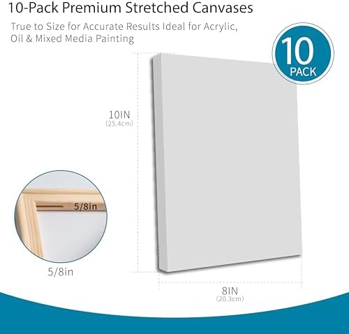 Bianyo 8x10 Inch Stretched Canvas for Painting – 10 Pack, 100% Cotton, Triple Primed & Acid-Free, Heavy-Duty Wood Frame, Blank Art Canvas for Acrylic, Oil, Watercolor & Mixed Media