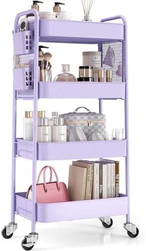 TOOLF 4 Tier Rolling Cart, Metal Utility Storage Cart with Pegboard, Purple | 2 Bins & 4 Hooks, Screwless Assembly, Lockable Wheels, Trolley Organizer for Bathroom, Kitchen, Office, Dorm, Craft Room