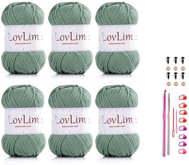 Yarn Pack, 6 skeins of 50g Each, Soft Cotton Yarn for Crochet and Knitting, Craft DK Amigurumi Yarn (Six Green Sage)