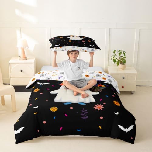 Erosebridal Spooky Ghost Duvet Cover Toddler Size Cute Flower Bedding Set for Kids Boys Girls Cartoon Bats Comforter Cover Kawaii Halloween Artwork Bedclothes Room Decor