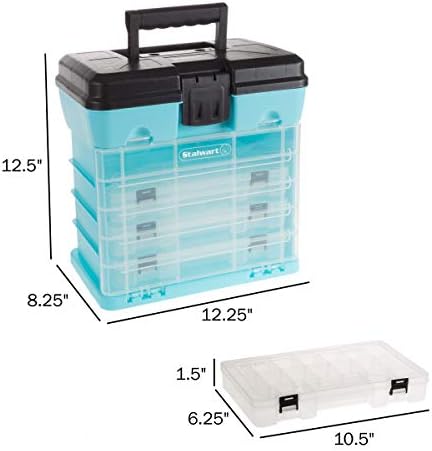 Small Parts Organizer Box - 10-Inch Portable Storage Case with 4 Removable Multi-Compartment Trays for Screws, Beads, Small Fishing Tackle, Hardware, and Craft Supplies by Stalwart (Light Blue)