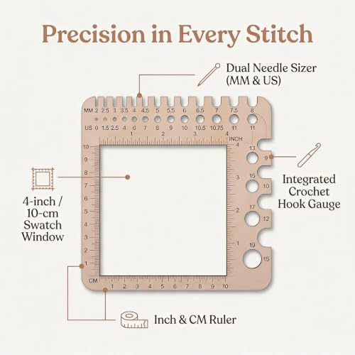 1 Pcs Wooden Knitting Gauge Ruler, 15CM/5.9 Inch Multi-functional Needle Sizer, Stitch Counter Spinner & Yarn Measuring Tool, Precise Size Marker Square Craft Accessory for Knitting Crochet DIY Crafts